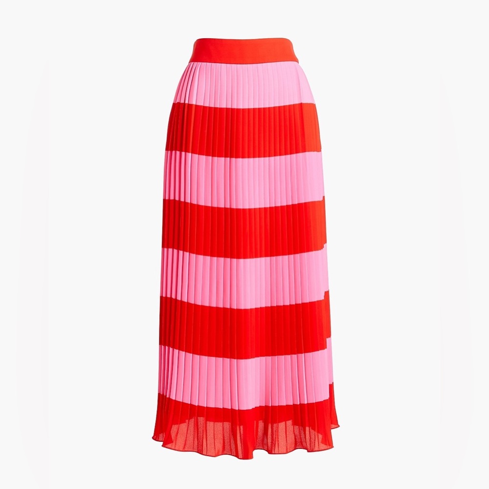 J Crew Pink and Red Striped Pleated Midi Skirt